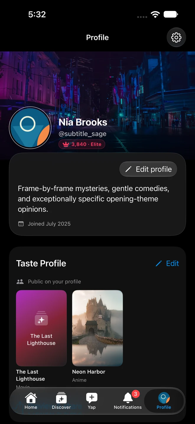 Inside the Yapper iPhone beta: Nia’s Taste Profile brings favorite movies and anime together.